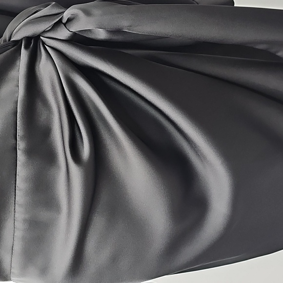 Eloquii Elegant Black Satin Wrap Dress Padded Shoulders Tulip Hemline - Picture 8 of 15